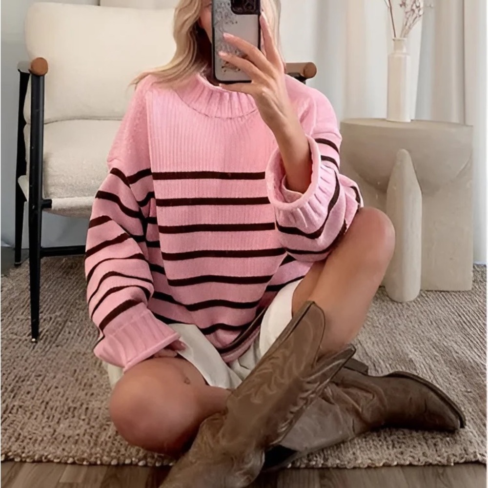 Striped Pink & Brown Rollneck Sweater - Picture 2 of 4